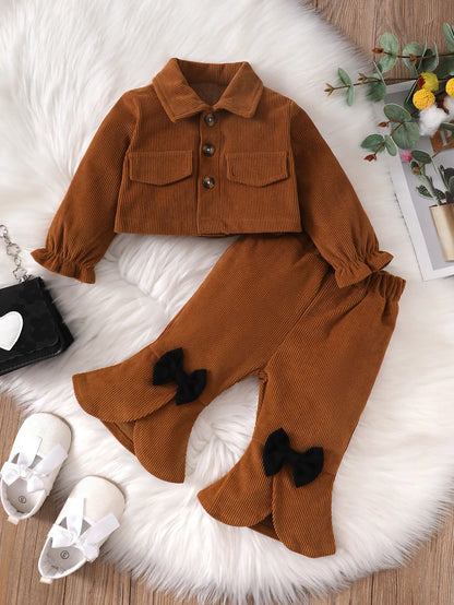 Chestnut Corduroy Bow-Flare Jacket & Pants Set for Baby Girls