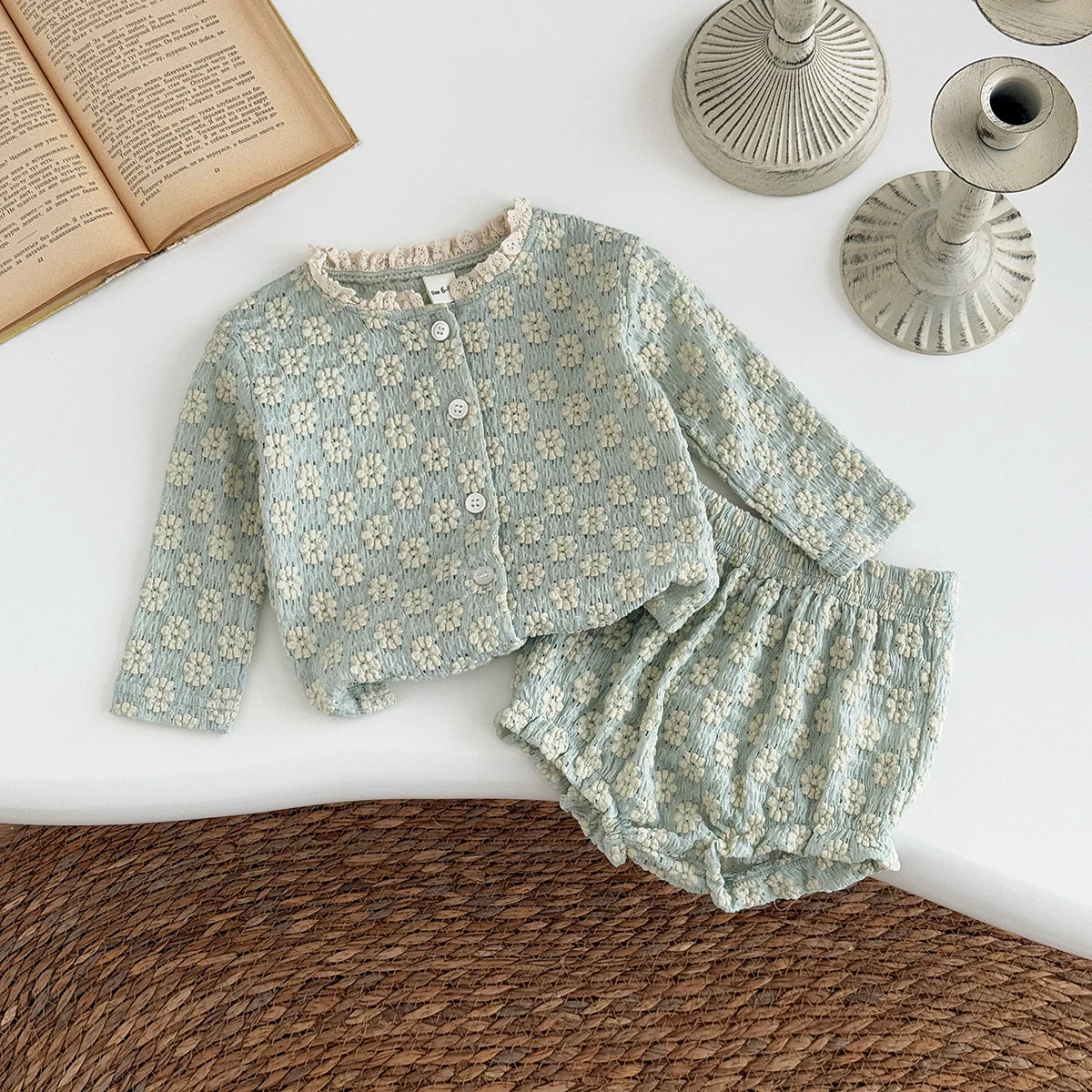Textured Floral Button Top & Bloomer Set for Girls