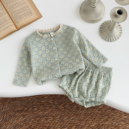 Textured Floral Button Top & Bloomer Set for Girls