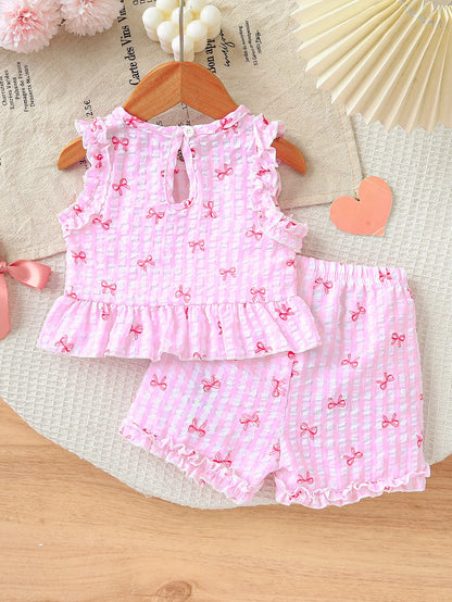 Pink Gingham Bow Ruffle Top & Shorts Set for Baby Girls