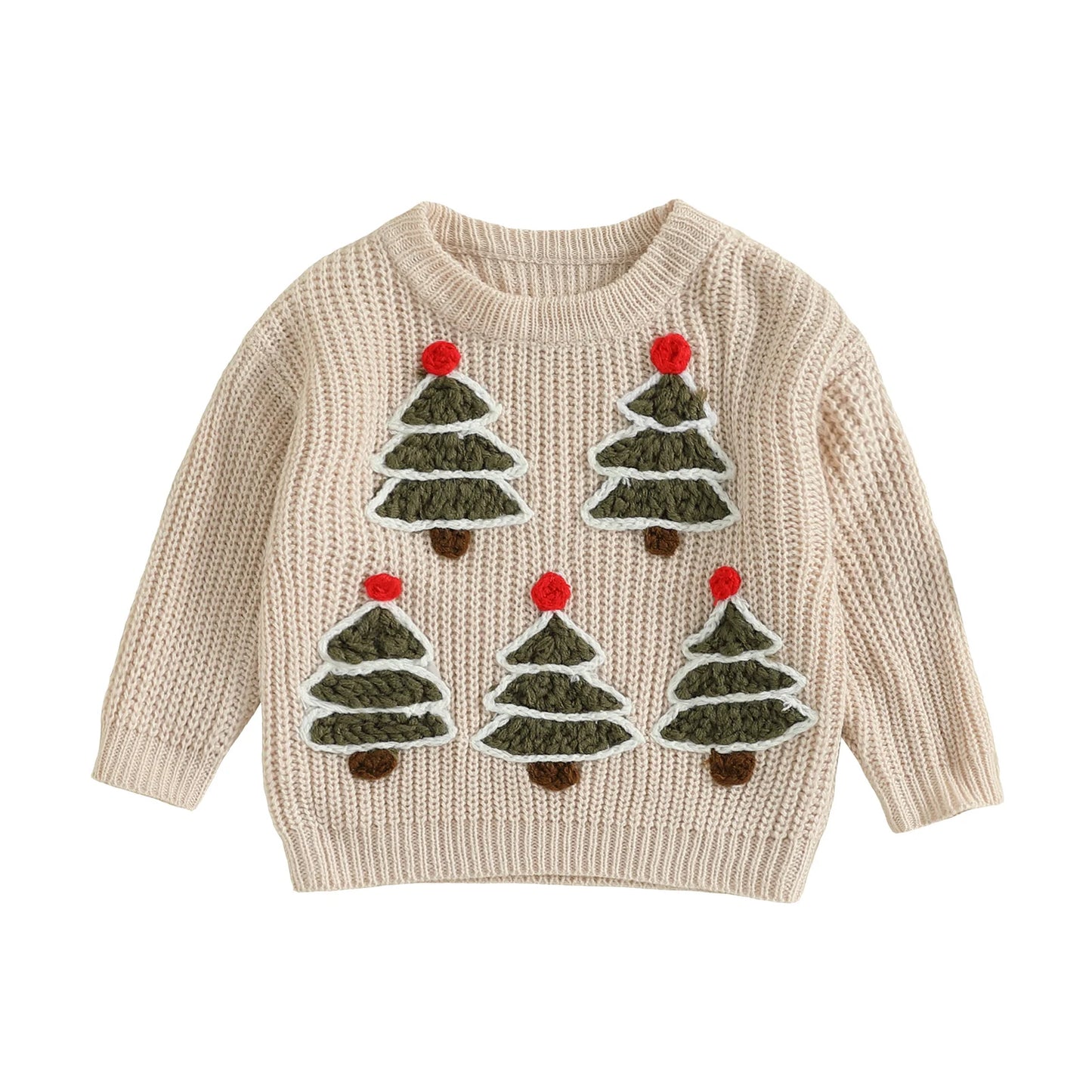 Baby Christmas Knit Sweater – Santa Hat & Tree Embroidery Crewneck (0–18 Months)
