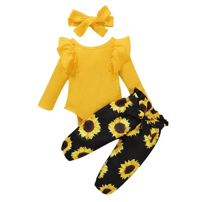 Ruffle-Sleeve Bodysuit, Printed Pants & Bow Headband Set for Baby Girls