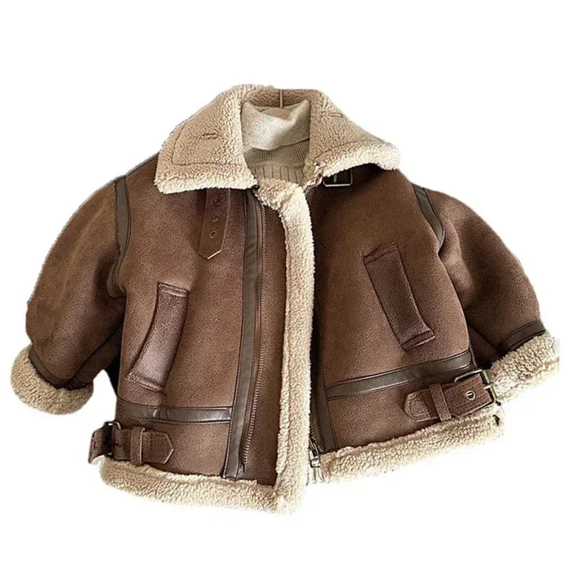 Coffee Brown Faux Shearling Aviator Jacket for Boys
