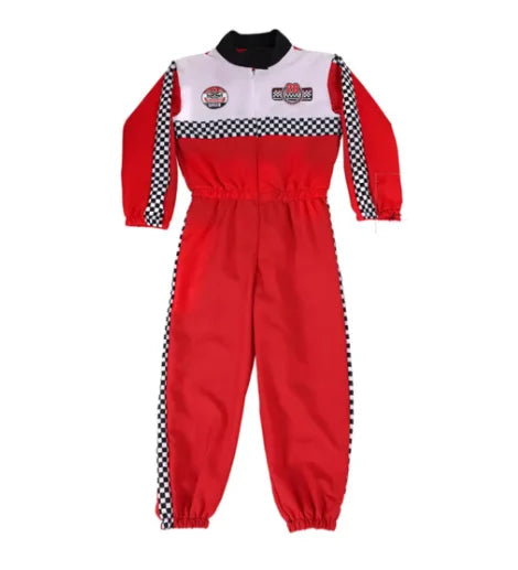 Costume Racing Driver Jumpsuit for Kids – Red & Checkered Race Car Dress-Up Set with Gloves