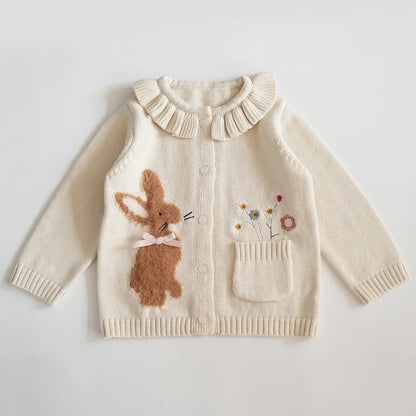 Baby & Toddler Girls Cotton Knit Cardigan (2–6 Years) – Button-Front Sweater with Duck Embroidery