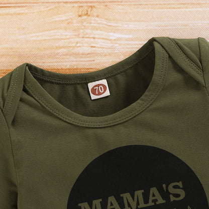 Camo “Mama’s Boy” Bodysuit, Joggers & Hat Set