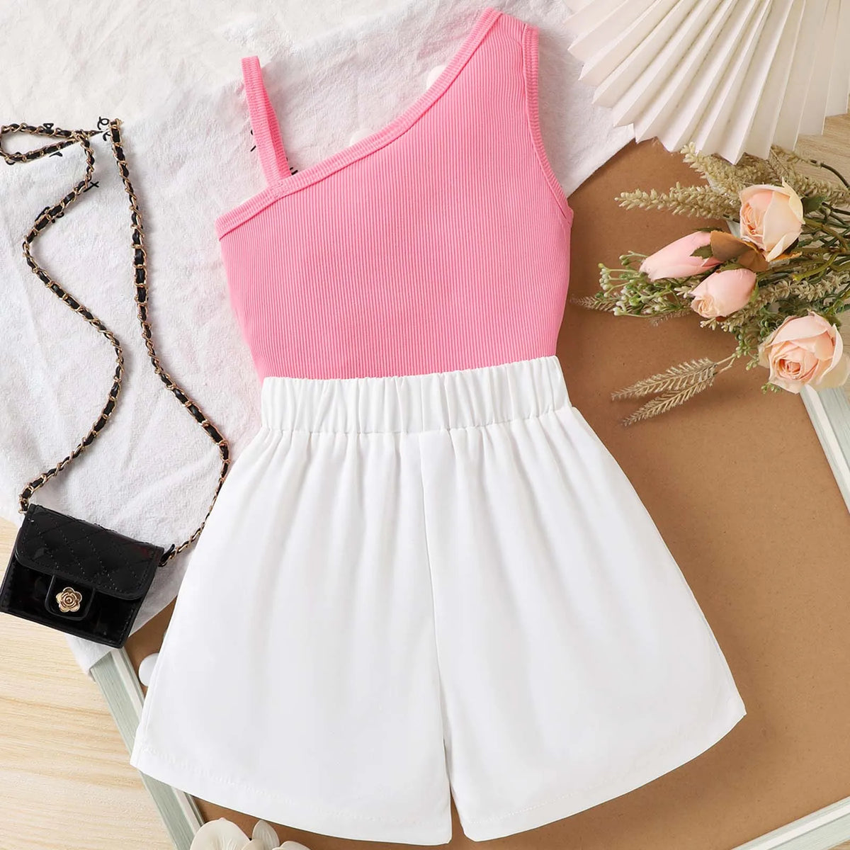 3D Daisy One-Shoulder Top & White Shorts Set for Girls