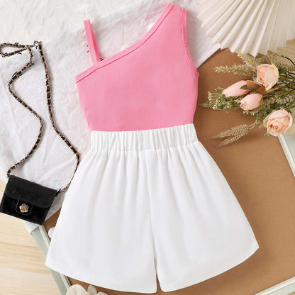 3D Daisy One-Shoulder Top & White Shorts Set for Girls