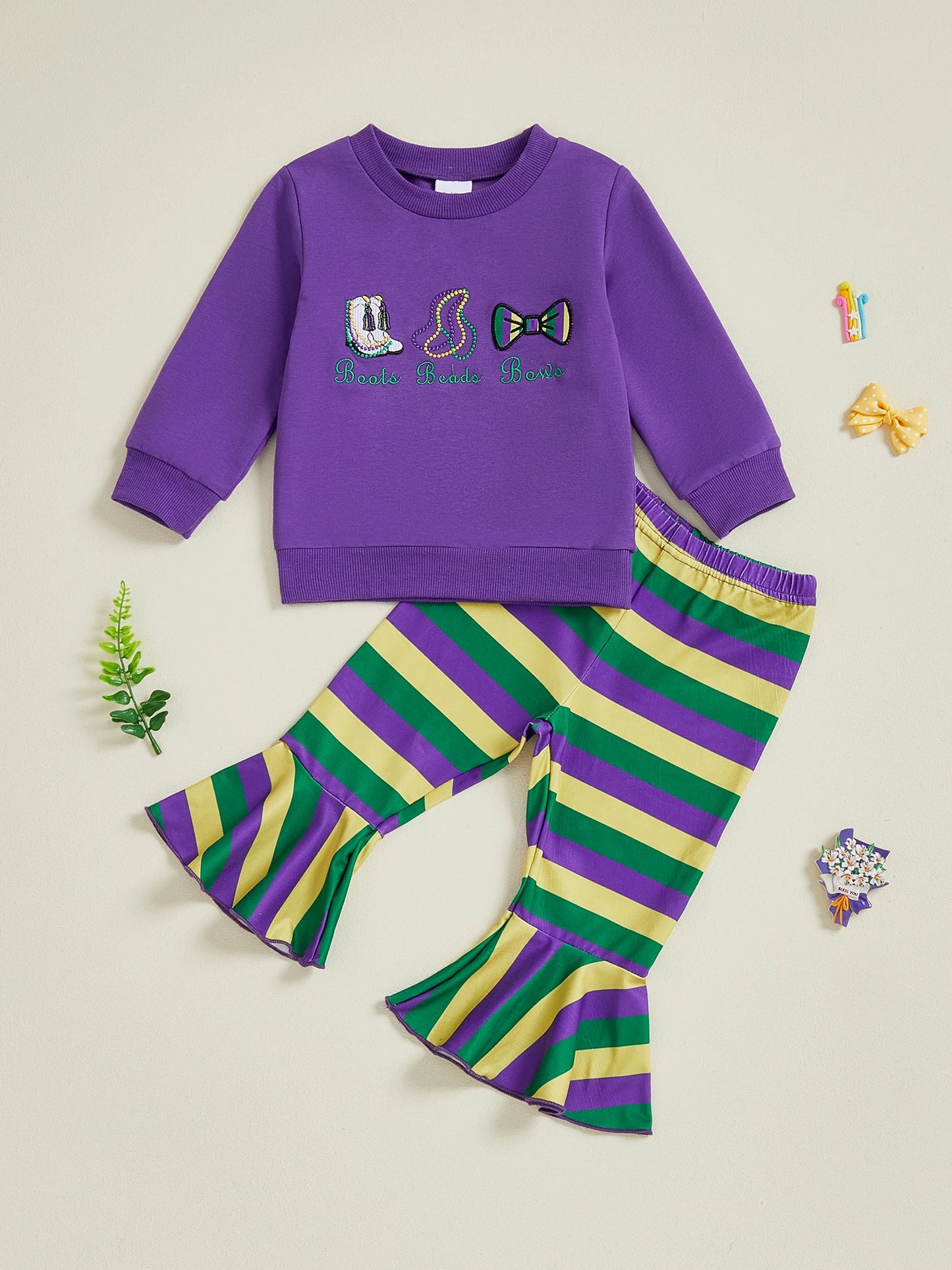 Embroidered Sweatshirt & Striped Flare Pants Set for Girls