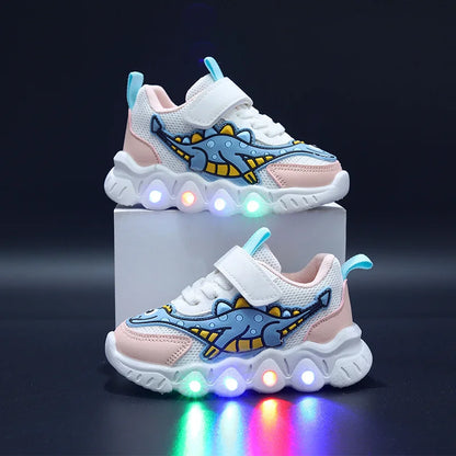 Kids Dinosaur LED Light-Up Sneakers with Hook-and-Loop Strap