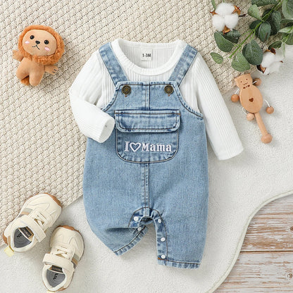 Baby Denim Overalls Set with Long-Sleeve Ribbed Top – 2-Piece Outfit for Newborns (0–9 Months)