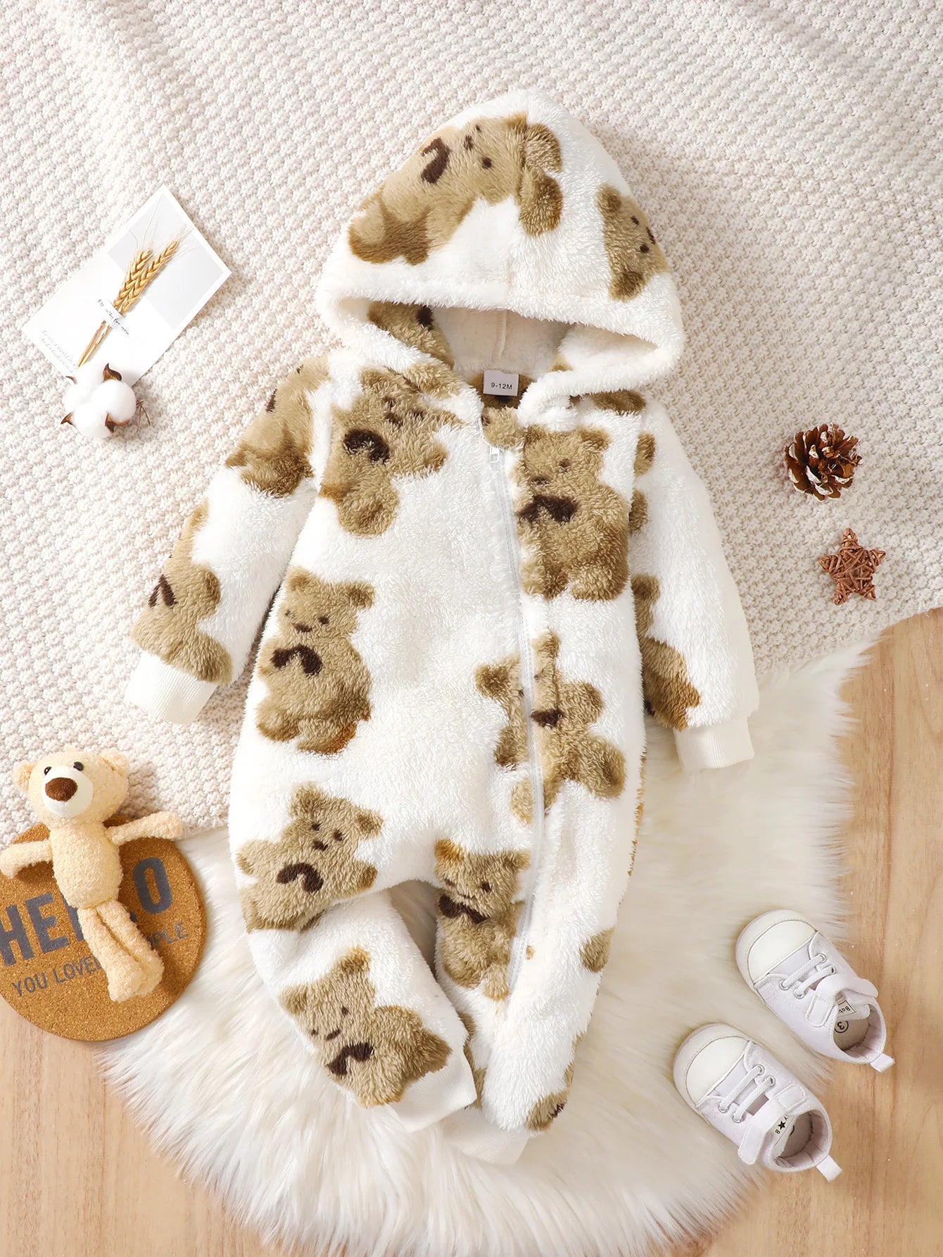 Winter Plush Baby Jumpsuit – Hooded Bear Romper with Slanted Zipper (3–24 Months)