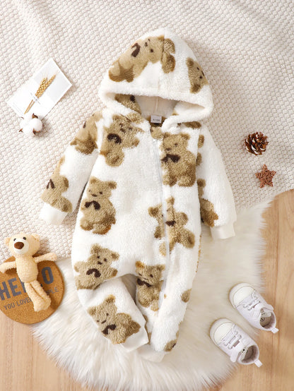Winter Plush Baby Jumpsuit – Hooded Bear Romper with Slanted Zipper (3–24 Months)