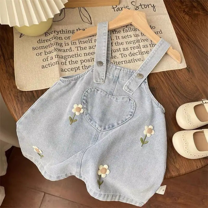 Daisy Embroidered Denim Pinafore Dress & Lace Collar Blouse Set