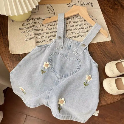 Daisy Embroidered Denim Pinafore Dress & Lace Collar Blouse Set