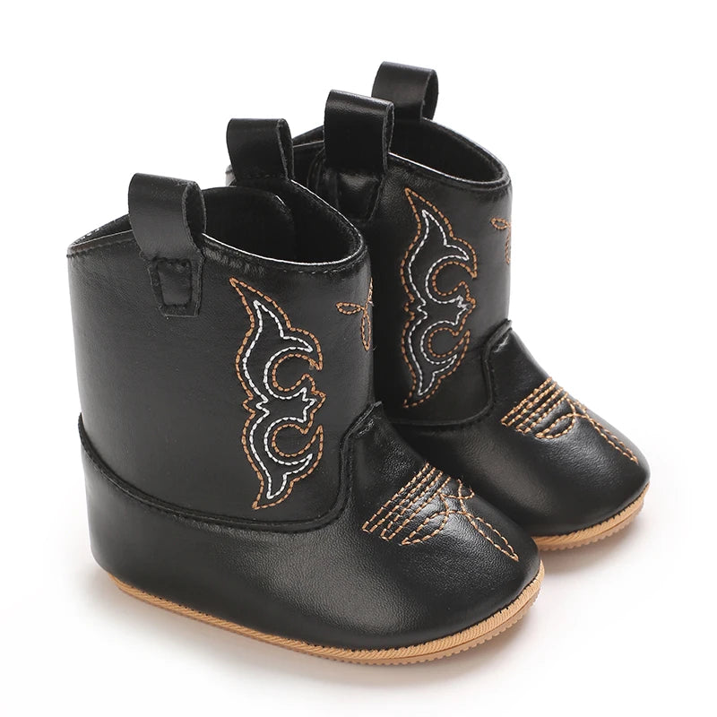 Western Floral Embroidered Baby Cowboy Boots with Soft Cotton Soles