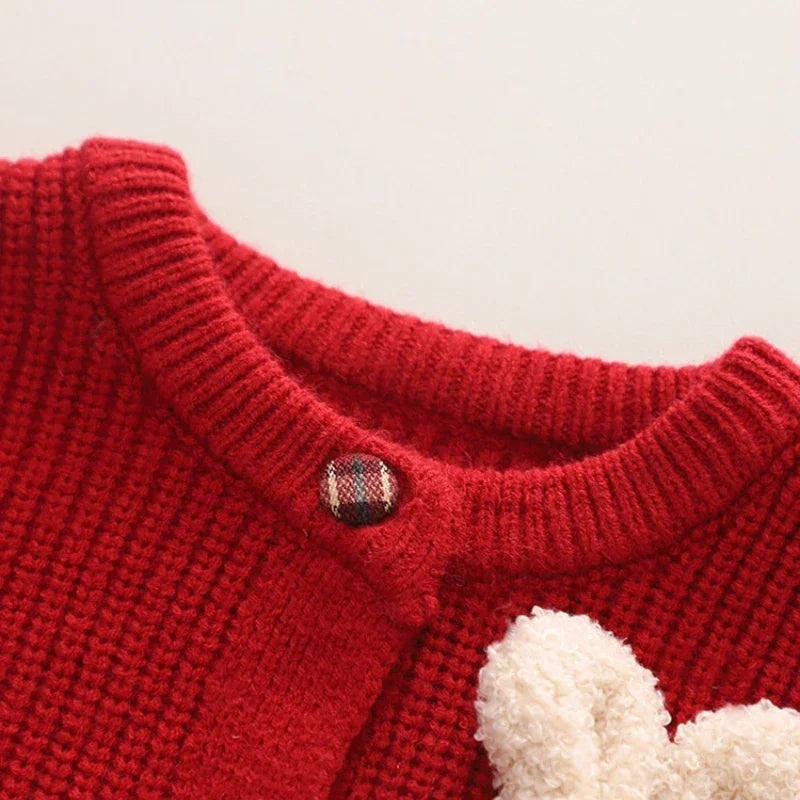 Plush Bunny Knit Cardigan & Plaid Skirt Set for Girls