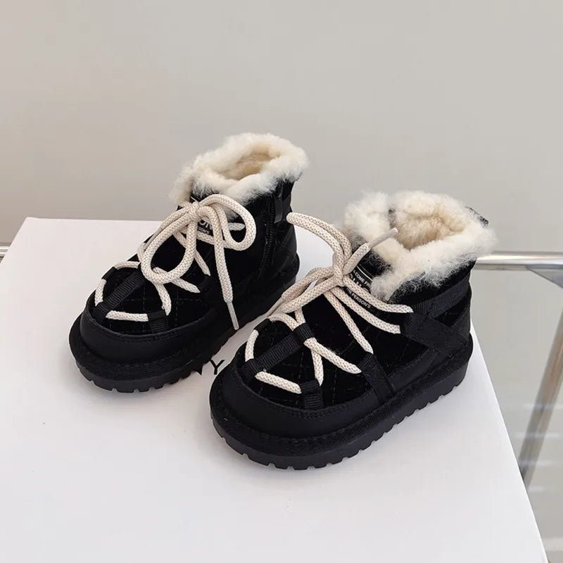 Fluffy-Collar Lace-Up Winter Ankle Boots for Kids
