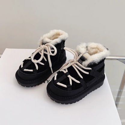 Fluffy-Collar Lace-Up Winter Ankle Boots for Kids