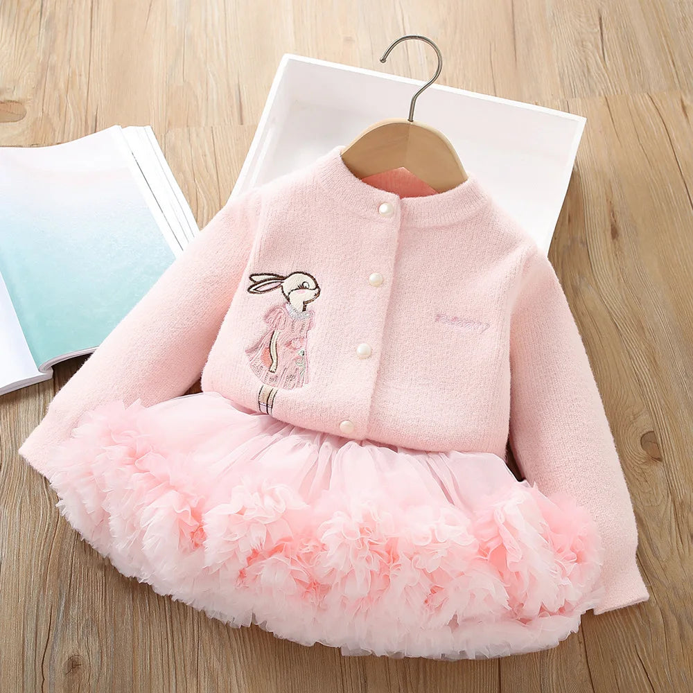 Bunny Bloom Knit Cardigan & Ruffle Tutu Skirt Set for Girls