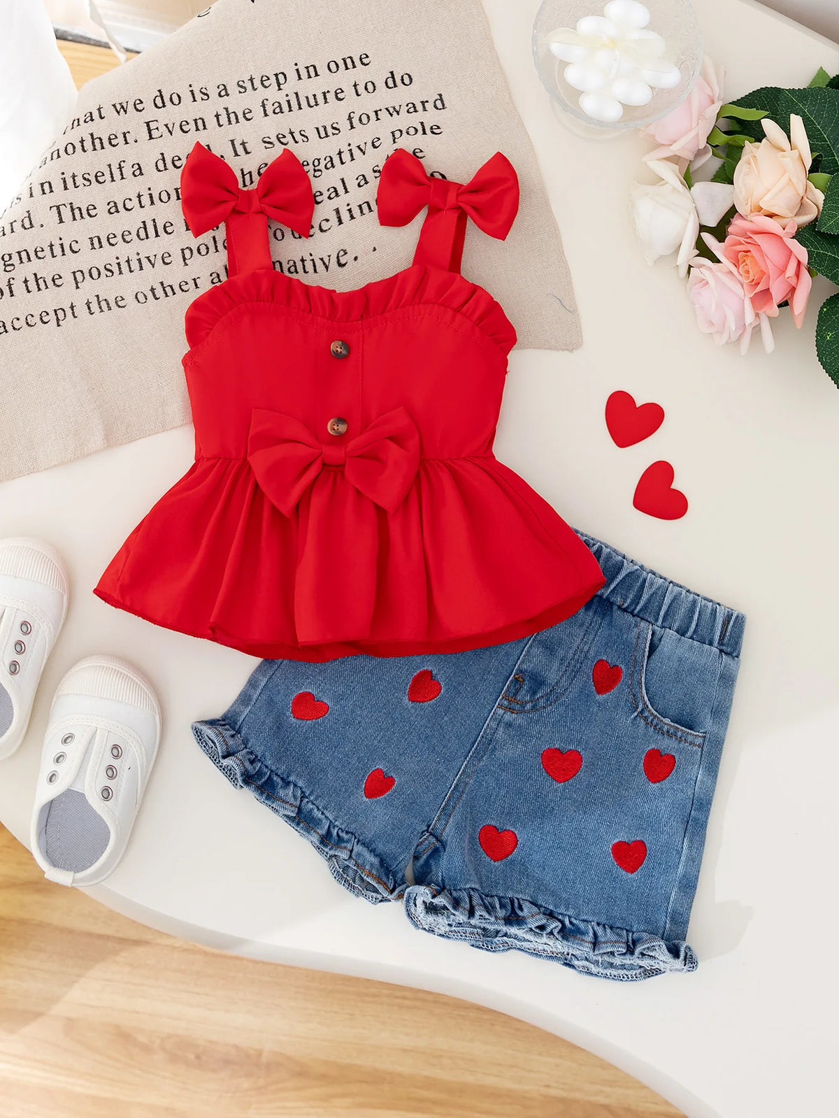 Bow-Shoulder Peplum Top & Heart Denim Shorts Set