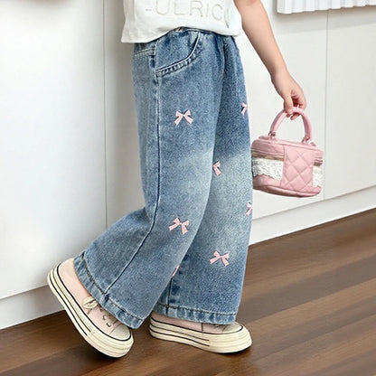Pink Bow Wide-Leg Denim Jeans for Girls