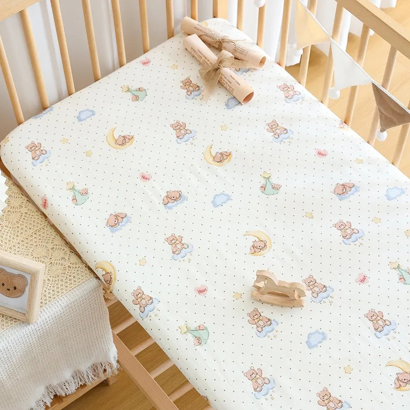 Playful Teddy Bear & Animal Print Cotton Crib Fitted Sheet