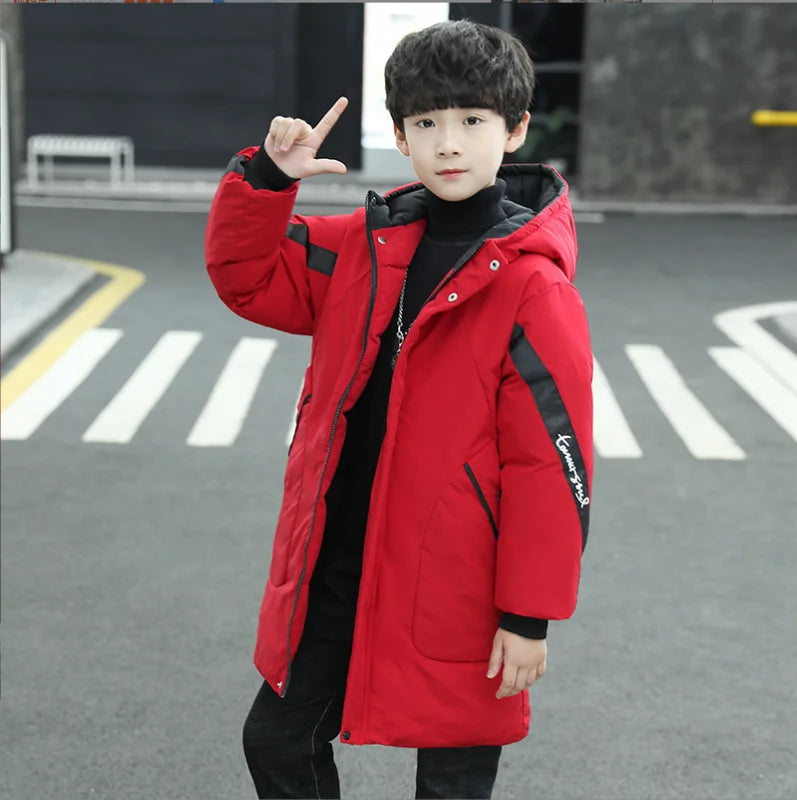 Contrast-Panel Longline Hooded Winter Coat for Boys