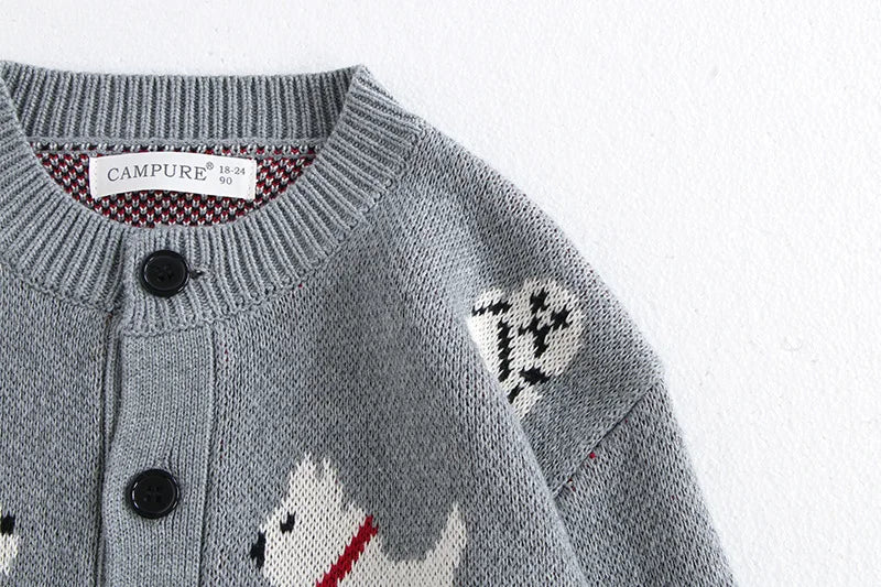 Unisex Kids Dog Knit Cardigan Sweater (18–24 Months to 8 Years) – Button-Front, Cozy Crew Neck