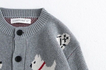Unisex Kids Dog Knit Cardigan Sweater (18–24 Months to 8 Years) – Button-Front, Cozy Crew Neck