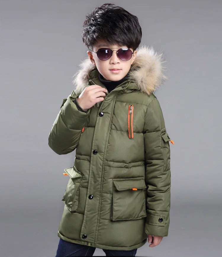 Contrast-Panel Longline Hooded Winter Coat for Boys
