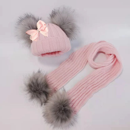 Double Pom Knit Beanie & Scarf Set with Bow