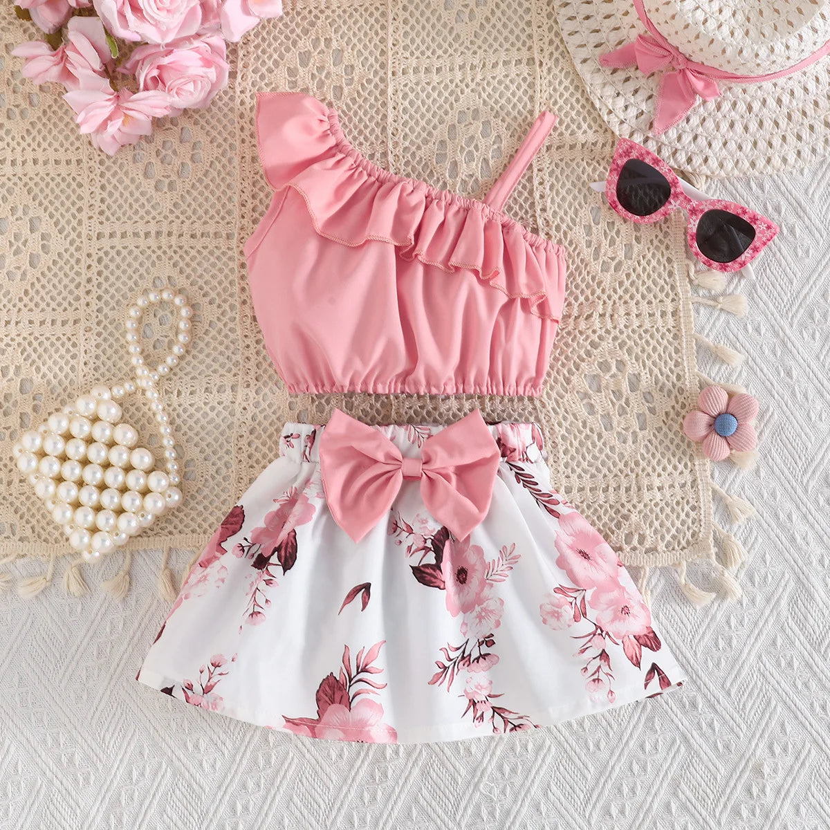 Rosette Ruffle Top & Pleated Skirt Set for Baby Girls