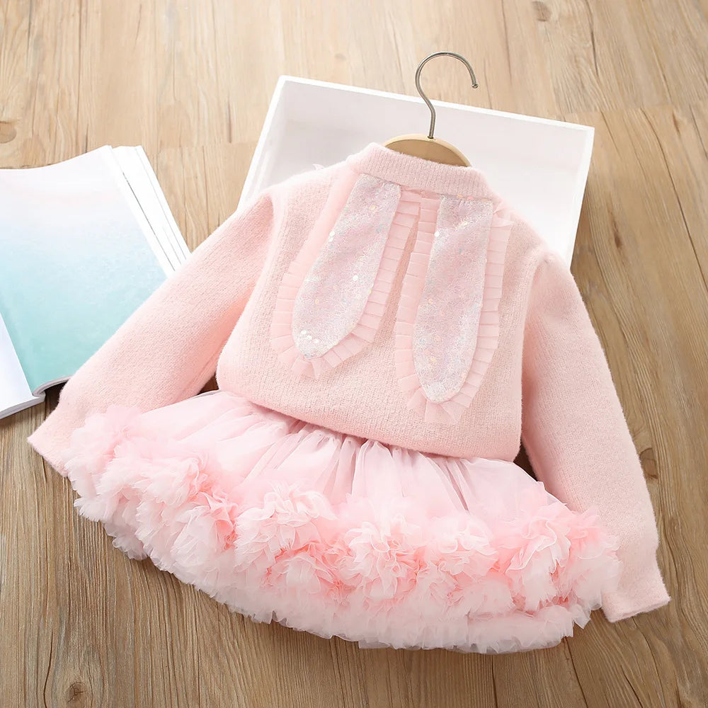 Bunny Bloom Knit Cardigan & Ruffle Tutu Skirt Set for Girls