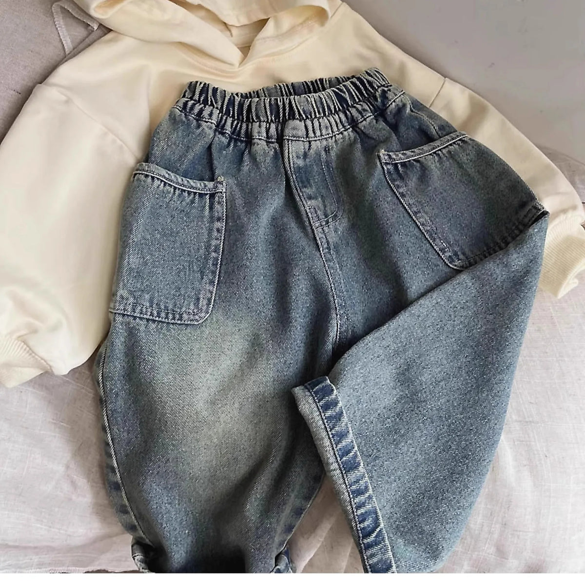 Washed Patch-Pocket Loose Jeans for Boys