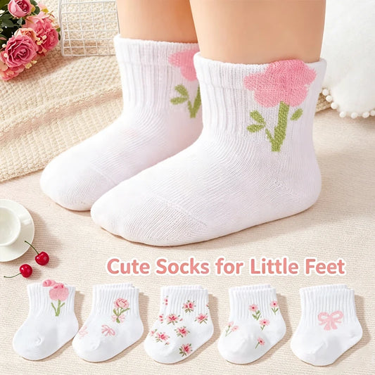 5-Pack Pink Floral & Bow Baby Girl Crew Socks
