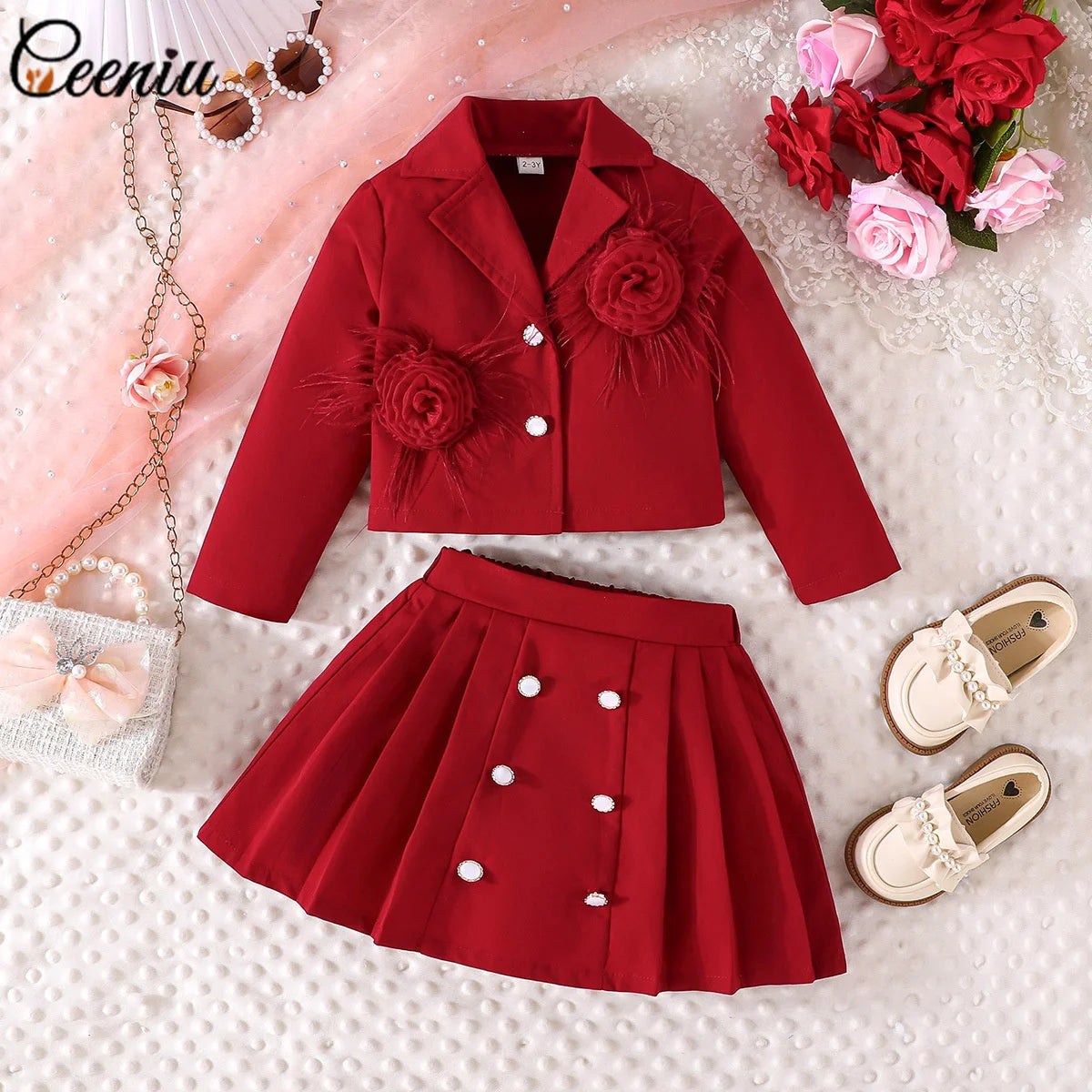 3D Rose Girls’ Blazer & Pleated Skirt Set