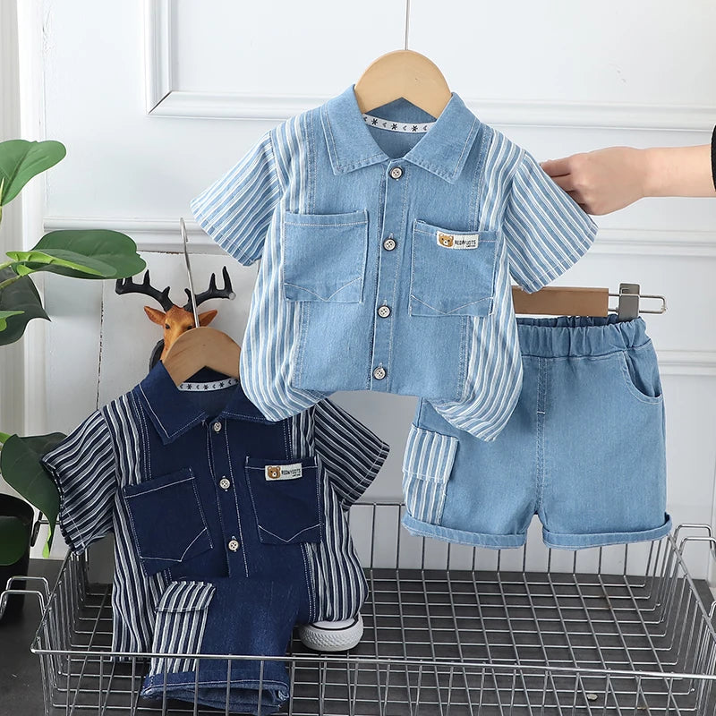 Striped Denim Button-Up Shirt & Shorts Set for Toddlers