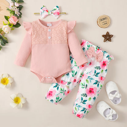 Floral Ribbed Bodysuit, Pants & Bow Headband Set for Baby Girls