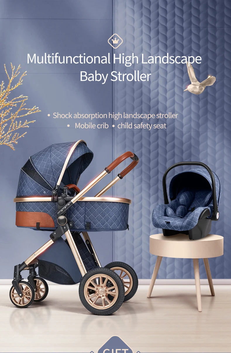 Luxury 3-in-1 Baby Stroller with Infant Carrier – Reversible, Lie-Flat, High Landscape Pushchair