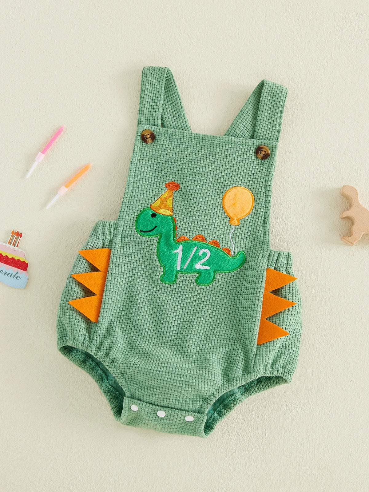 Dino Half-Birthday Waffle-Knit Overall Romper for Baby Boys