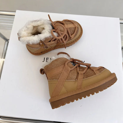 Fluffy-Collar Lace-Up Winter Ankle Boots for Kids