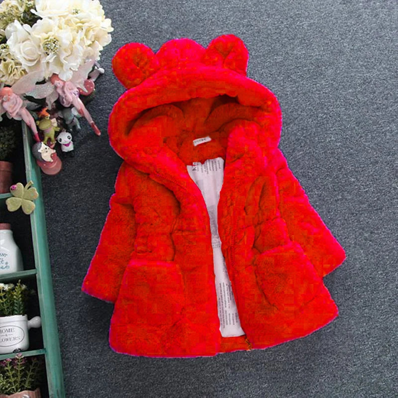 Bear-Ear Plush Hooded Winter Coat for Girls