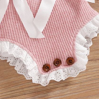 Pink Bow Ruffle Knit Baby Romper & Bonnet Set