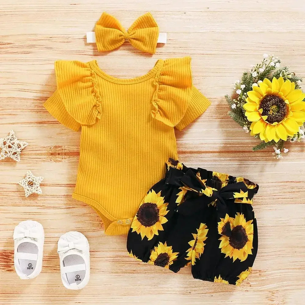 Ruffle-Sleeve Bodysuit, Printed Pants & Bow Headband Set for Baby Girls