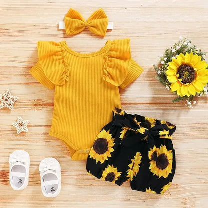 Ruffle-Sleeve Bodysuit, Printed Pants & Bow Headband Set for Baby Girls