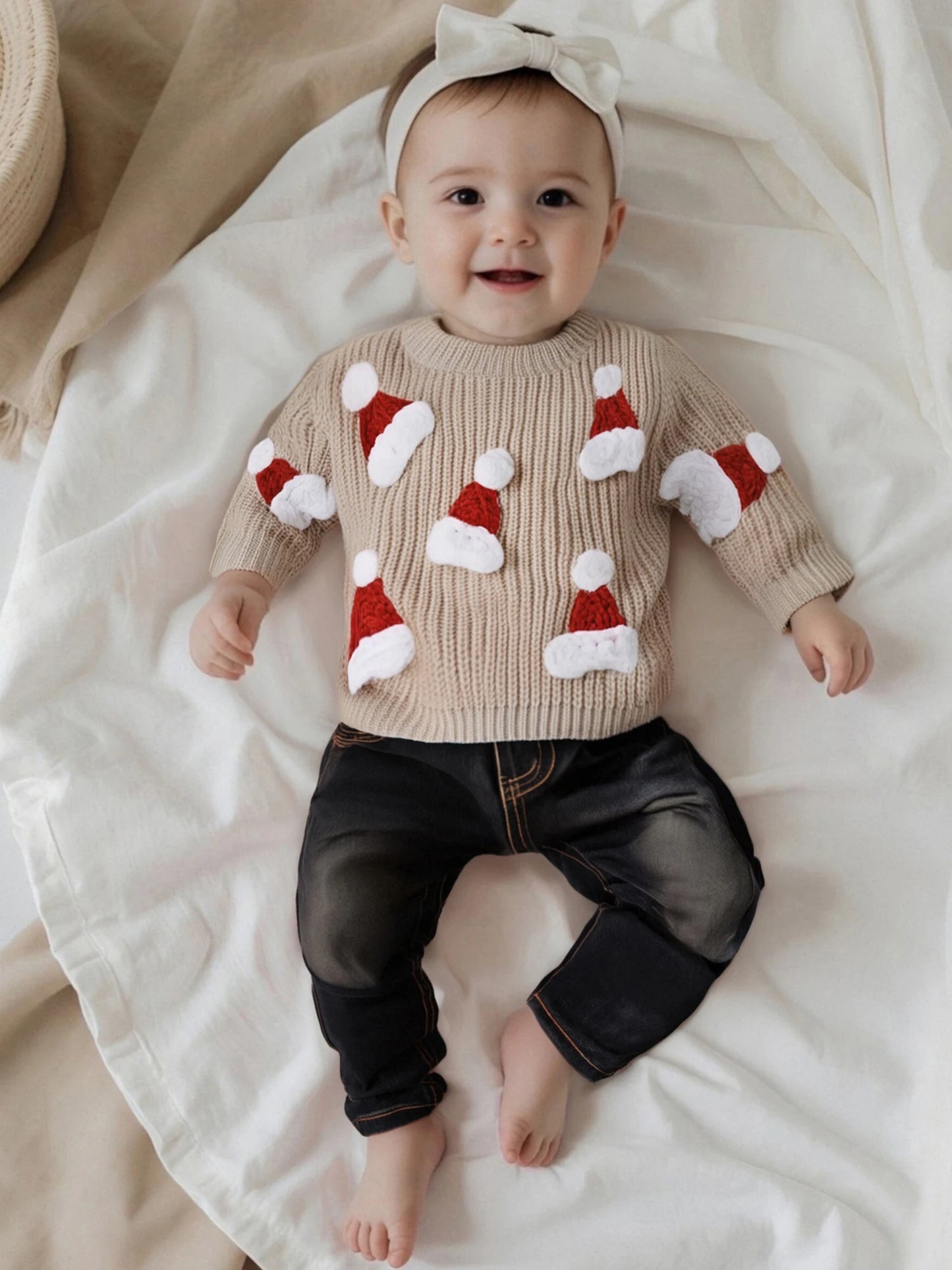 Baby Christmas Knit Sweater – Santa Hat & Tree Embroidery Crewneck (0–18 Months)