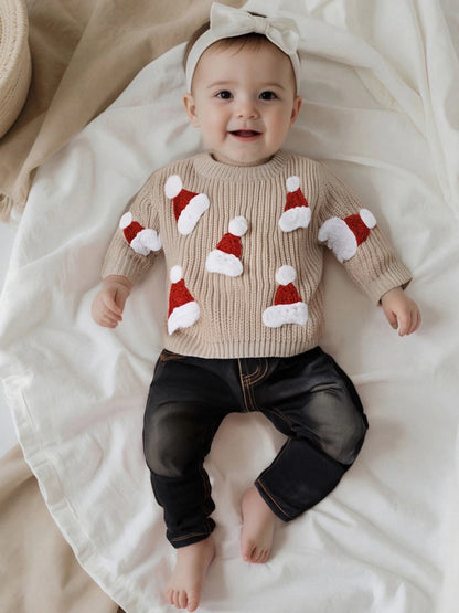 Baby Christmas Knit Sweater – Santa Hat & Tree Embroidery Crewneck (0–18 Months)