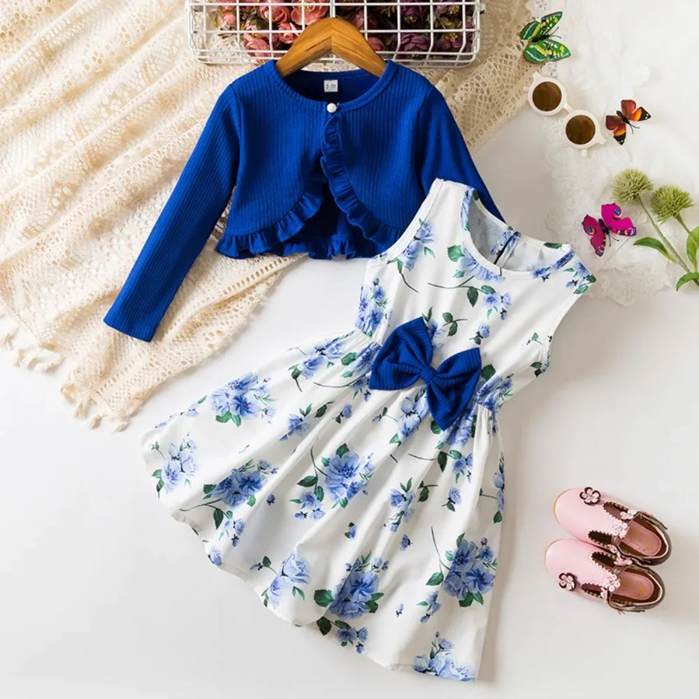 Floral Bow Dress & Ruffle-Trim Cardigan Set for Girls