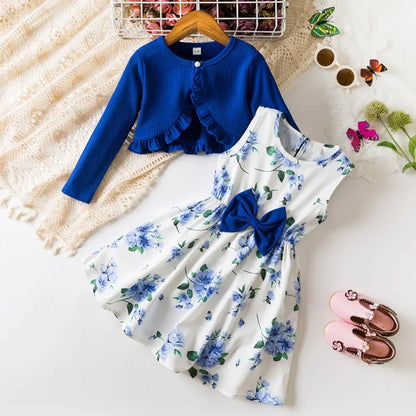 Floral Bow Dress & Ruffle-Trim Cardigan Set for Girls